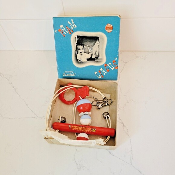 Bakelite Rattle Elephant Toy Crib Pram Circus Alan Jay Plastics Red Blue Vintage - Picture 2 of 16